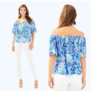 Lilly Pulitzer Sain Peri Pinch colorful Off-the-Shoulder Blouse, Medium